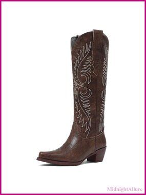 Women's Knee High Western Cowgirl Boots Faux Leather Pointed Toe